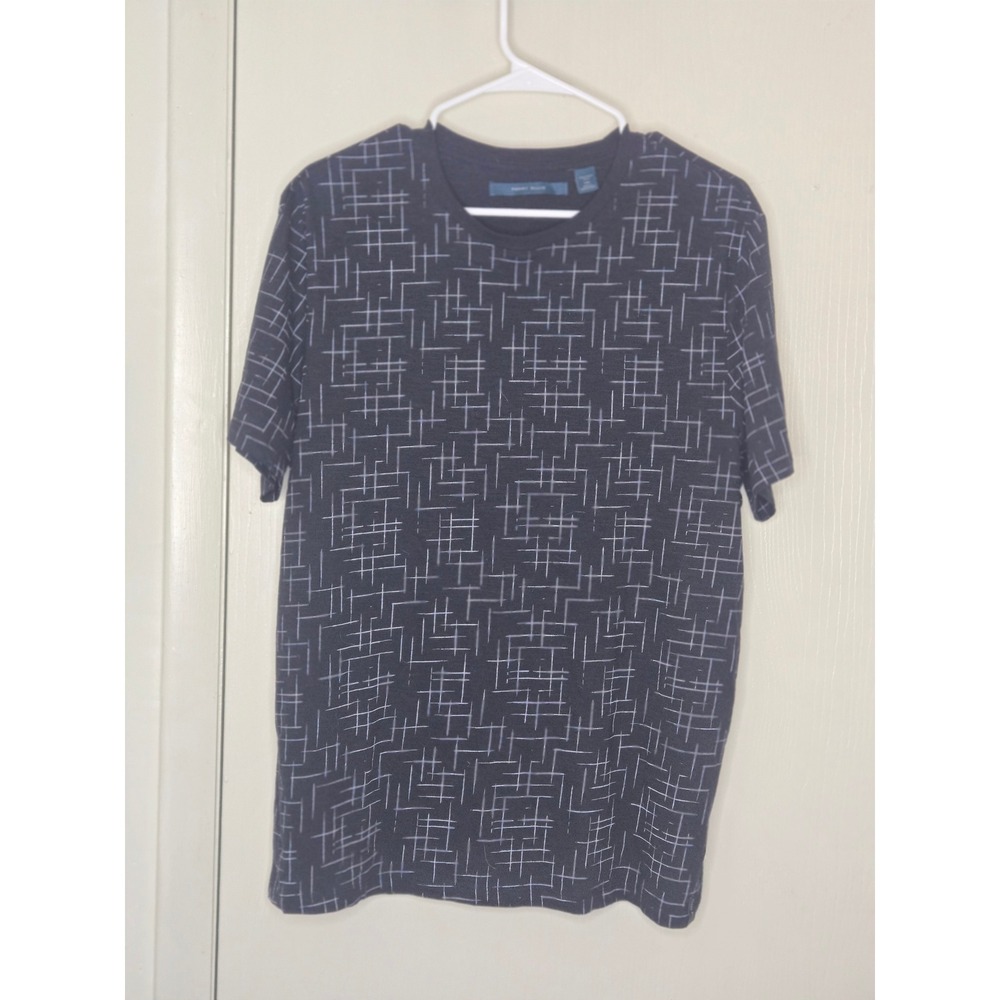 Perry Ellis Mens Black White Grid Graphic Crew Neck Short Sleeve T-Shirt Large